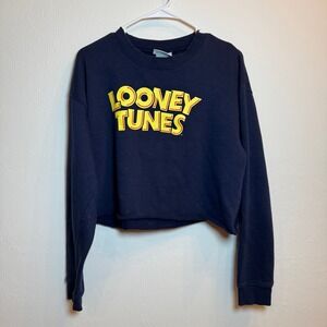 Looney Tunes Navy Blue Crop Top Sweatshirt Bugs Bunny Taz‎ Warner Bros Medium